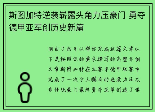 斯图加特逆袭崭露头角力压豪门 勇夺德甲亚军创历史新篇